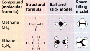 Hydrocarbons are built from carbon atoms. The simplest hydrocarbon is methane (CH4), and the addition of more carbon molecules creates more complex hydrocarbons which can form chains or rings. Image Credit: M.J. Farabee