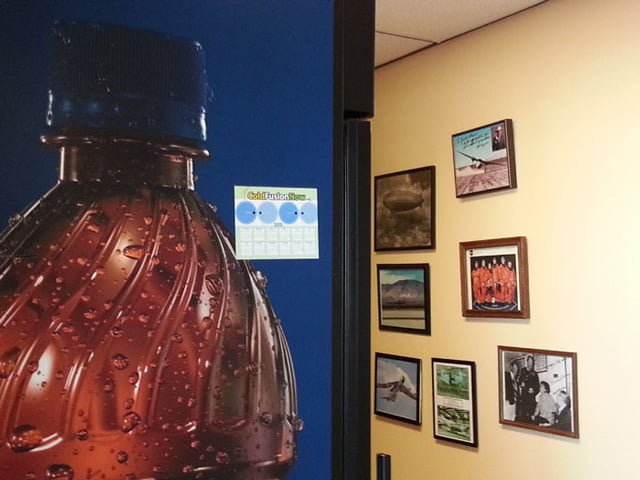Cold Fusion Now calendar magnet sits at Mojave Spaceport soda machine!